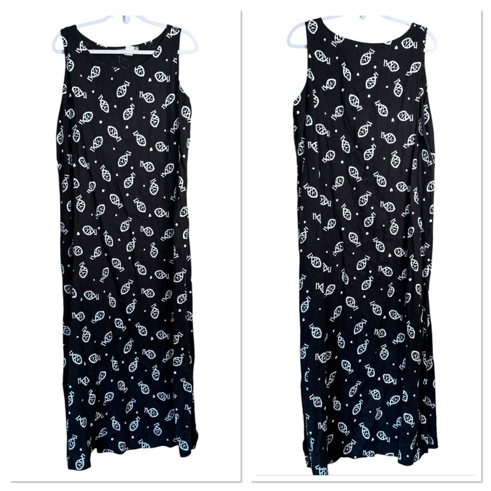 Soft As a Grape Cape Cod Tropical Fish 100% Linen Black Maxi Dress XL D16